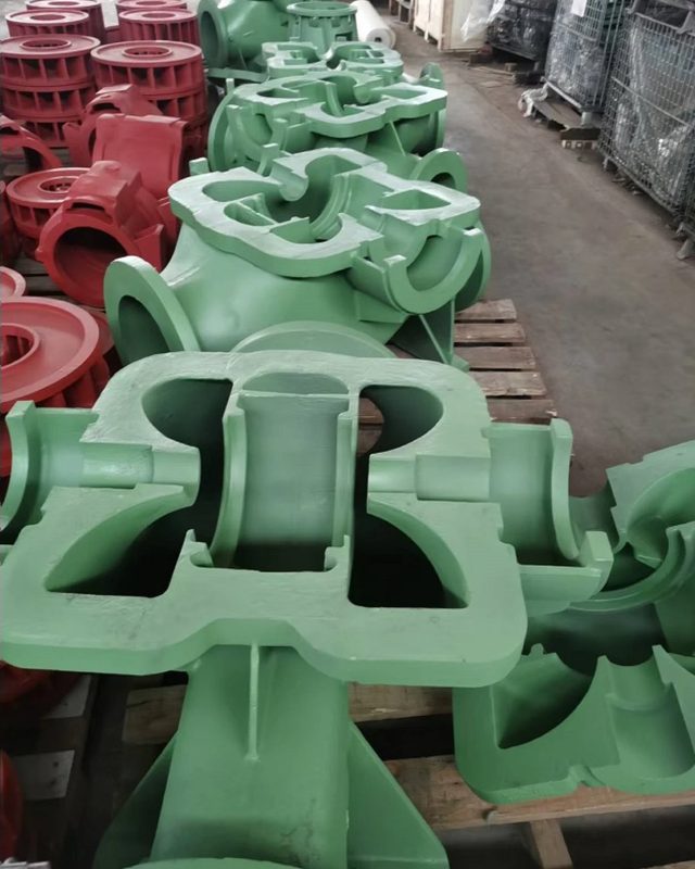 Split-case pump body castings in green primer awaiting dispatch